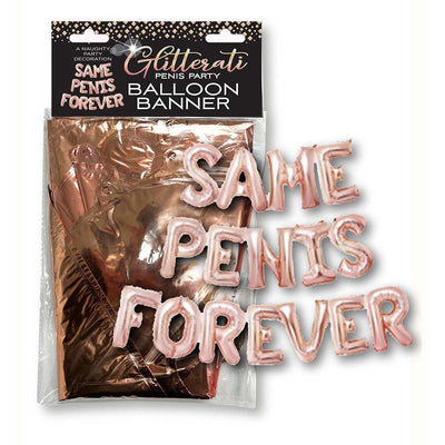 Rose gold foil balloon banner kit spelling Same Penis Forever for party decoration in sealed packaging