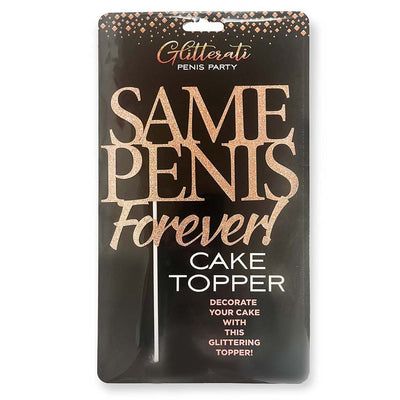 Rose gold glitter "Same Penis Forever!" cake topper in packaging with black background and decorative text.