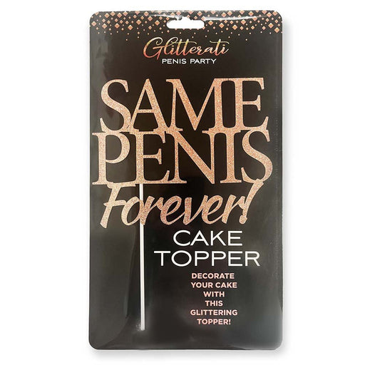 Rose gold glitter "Same Penis Forever!" cake topper in packaging with black background and decorative text.