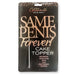 Rose gold glitter "Same Penis Forever!" cake topper in packaging with black background and decorative text.