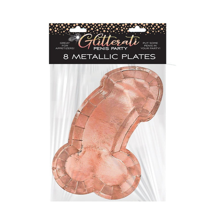 Package of 8 rose gold metallic novelty party plates shaped for bachelorette celebrations.