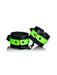 Black and neon green glow-in-the-dark handcuffs with secure metal clasps and soft padded interior.