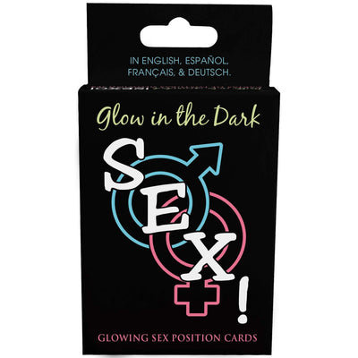 Glow-in-the-dark card game packaging with male and female symbols and bold text for a glowing sex position game.