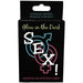 Glow-in-the-dark card game packaging with male and female symbols and bold text for a glowing sex position game.