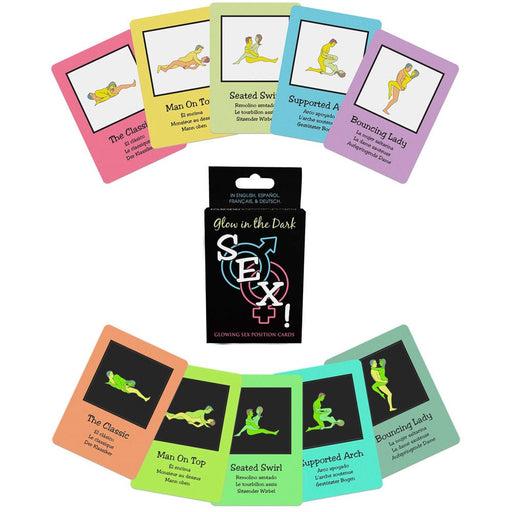 Glow-in-the-dark card game featuring illustrated couples in various intimate positions with colorful borders and a black box.