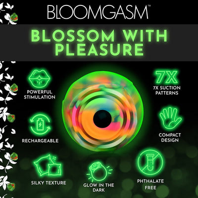 Glow-in-the-dark rainbow rose clit stimulator with 7 suction patterns, rechargeable, phthalate-free, and compact design.