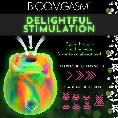 Rainbow-colored glow-in-the-dark rose clit stimulator highlighting 3 suction speeds and 7 patterns for customizable pleasure.
