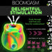 Rainbow-colored glow-in-the-dark rose clit stimulator highlighting 3 suction speeds and 7 patterns for customizable pleasure.