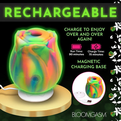 Rainbow-colored glow-in-the-dark rose clit stimulator on a magnetic charging base with USB cable.