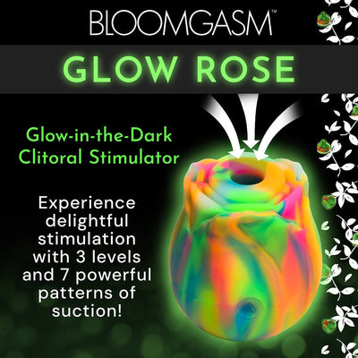Rainbow-colored glow-in-the-dark rose-shaped clitoral stimulator with 3 suction levels and 7 patterns.