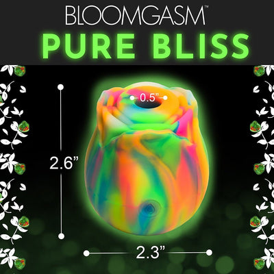 Rainbow-colored glow-in-the-dark rose-shaped clit stimulator with size dimensions on black background.