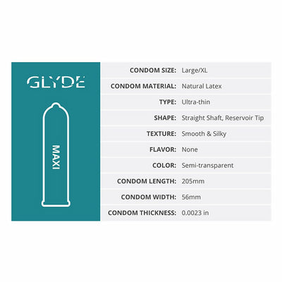Glyde Maxi condom size chart showing large/XL, natural latex, ultra-thin, smooth texture, semi-transparent, 205mm length, 56mm width.