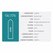Glyde Maxi condom size chart showing large/XL, natural latex, ultra-thin, smooth texture, semi-transparent, 205mm length, 56mm width.
