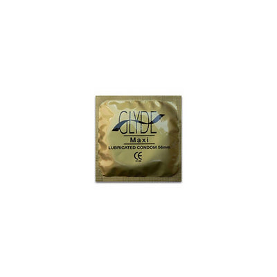 Single gold foil packet of Glyde Maxi lubricated latex condom, 56mm width, labeled for extra room and comfort.