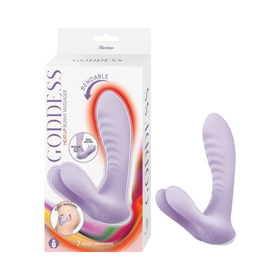 Lavender bendable dual motor Goddess Heat Up Bunny Massager with textured shaft and packaging showing features and 7 vibration speeds.