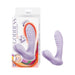 Lavender bendable dual motor Goddess Heat Up Bunny Massager with textured shaft and packaging showing features and 7 vibration speeds.