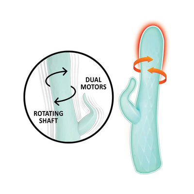Aqua-colored dual motor massager with rotating shaft and external stimulator, highlighting rotation and heat features.
