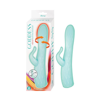 Aqua-colored dual-motor rotating massager with textured shaft and ergonomic handle, shown with packaging.