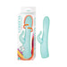 Aqua-colored dual-motor rotating massager with textured shaft and ergonomic handle, shown with packaging.