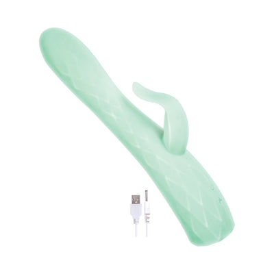 Mint green dual-stimulation massager with textured shaft and USB charging cable on white background.