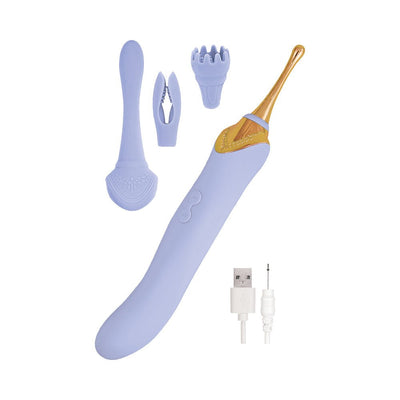 Lavender dual-ended massager with gold accents, three interchangeable silicone tips, and USB charging cable on white background.