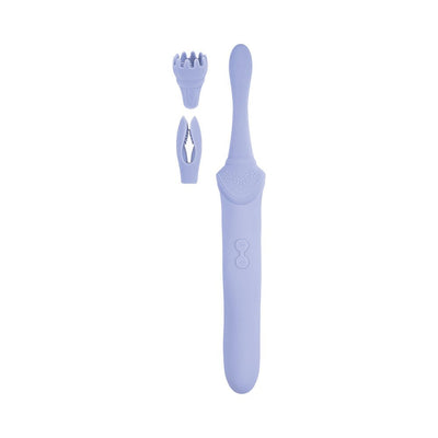 Lavender dual-ended massager with two interchangeable silicone stimulator heads and control buttons on handle