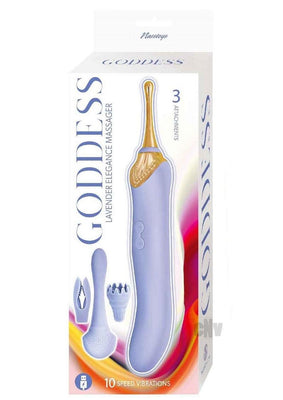 Packaging of the Goddess Lavender Elegance Massager showing the lavender-colored massager with gold accents and three interchangeable attachments.