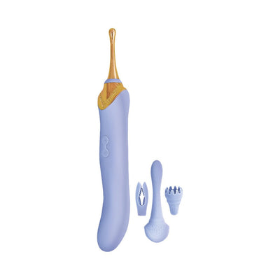 Lavender dual-ended massager with gold accents and three interchangeable silicone stimulator heads on white background.