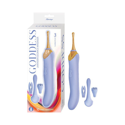 Lavender and gold dual-ended Goddess Elegance massager with three interchangeable silicone attachments and packaging.