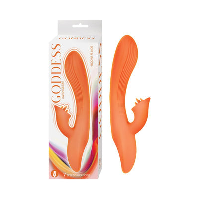 Orange silicone dual-stimulation vibrator with textured shaft and clitoral attachment next to its colorful packaging box.