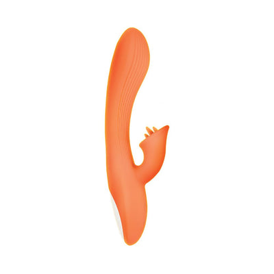 Orange ergonomic vibrator with textured shaft and clitoral stimulator, designed for dual pleasure and easy handling.