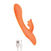 Orange dual-stimulation vibrator with curved shaft and textured clitoral arm, shown with USB charging cable.