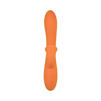 Orange silicone vibrator with textured shaft and ergonomic handle featuring two control buttons.