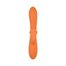 Orange silicone vibrator with textured shaft and ergonomic handle featuring two control buttons.