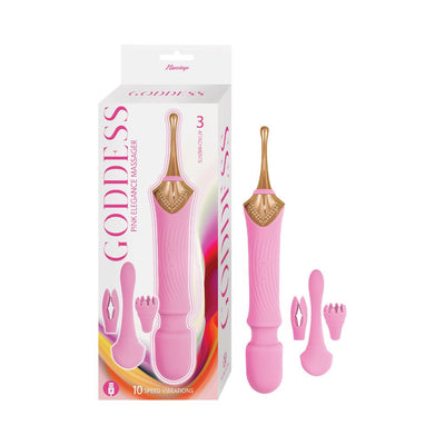 Pink Goddess Elegance dual-ended massager with gold accents and three interchangeable silicone attachments beside its packaging.