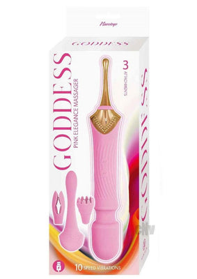 Packaging of the Goddess Lavender Elegance Massager in pink with gold accents, featuring three interchangeable attachments and 10 vibration speeds.
