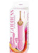 Packaging of the Goddess Lavender Elegance Massager in pink with gold accents, featuring three interchangeable attachments and 10 vibration speeds.