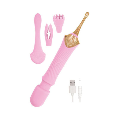 Pink dual-ended Goddess Lavender Elegance Massager with three interchangeable silicone heads and USB charging cable.