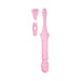 Pink dual-ended massager with textured handle and two interchangeable silicone stimulator heads.