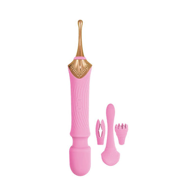 Pink and gold dual-ended Goddess Lavender Elegance Massager with three interchangeable silicone attachments on white background.