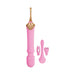 Pink and gold dual-ended Goddess Lavender Elegance Massager with three interchangeable silicone attachments on white background.