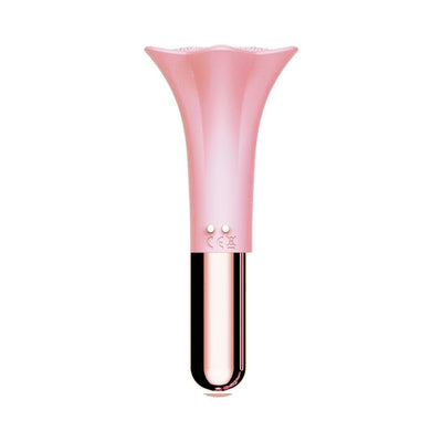 Pink flower-shaped massager with a metallic rose gold handle designed for targeted stimulation.