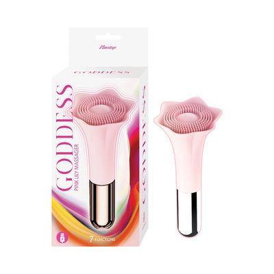 Pink flower-shaped silicone massager with textured head and metallic handle, shown with its colorful packaging.