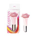 Pink flower-shaped silicone massager with textured head and metallic handle, shown with its colorful packaging.