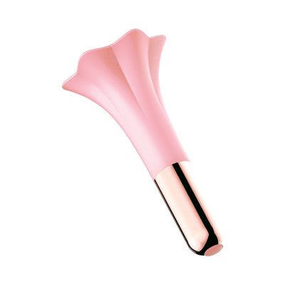 Pink silicone massager with a flared lily-shaped head and metallic handle for targeted stimulation.