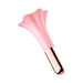 Pink silicone massager with a flared lily-shaped head and metallic handle for targeted stimulation.