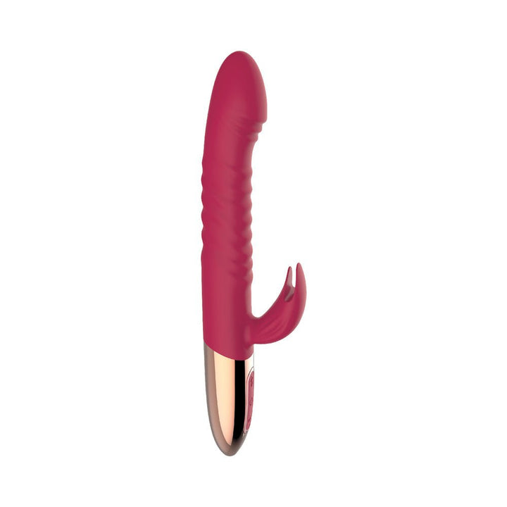 Pink dual-stimulation vibrator with textured shaft and curved external stimulator, featuring a metallic rose gold base.
