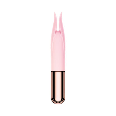Pink silicone clitoral stimulator with dual prongs and metallic rose gold base, sleek and compact design.