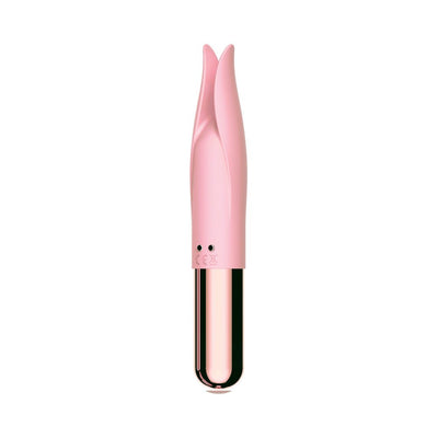Pink silicone clitoral stimulator with a sleek metallic base and dual flexible tips for targeted pleasure.