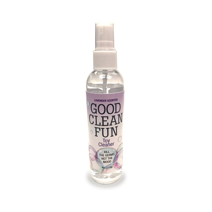 Good Clean Fun lavender scented toy cleaner spray bottle, 4 oz with white spray cap and label design.